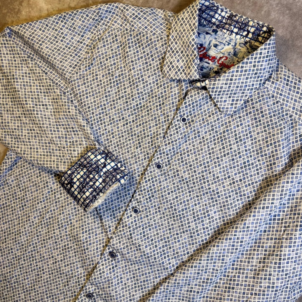 Robert Graham Mens Classic Fit Blue Geometric Diamond Button Down Shirt Size M